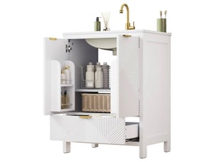 Meuble salle de bain sur pied 61 cm blanc avec vasque en céramique et tiroir, façade ondulée