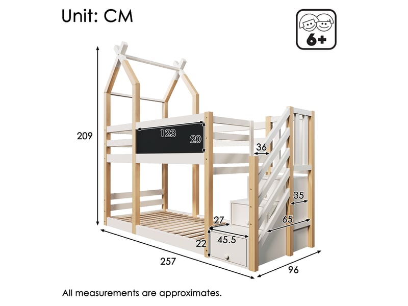  Lit superposé enfant 90x200 cm cabane avec escalier, rangements et tableau noir  - Conforama C