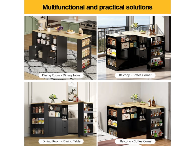  Îlot de cuisine avec table extensible 115 cm plateau pivotant noir et bois naturel  - Conforama B