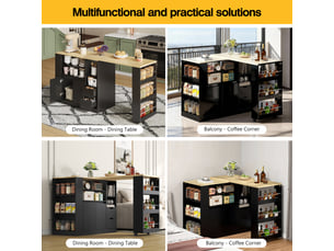 Îlot de cuisine moderne et multifonctionnel avec plateau extensible, 115 cm, rangements ouverts sur 3 côtés, 2 tiroirs, coin café et table à manger extensible en bois