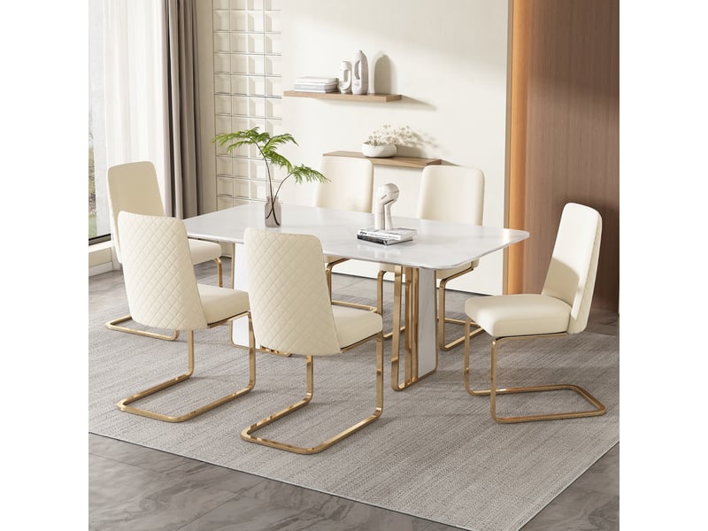  Chaise de salle à manger lot de 6 à dossier capitonné  - pieds métal doré, velours - beige  - Conforama C