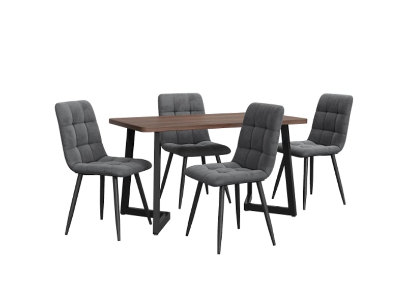  Ensemble salle à manger 5 pièces: table moderne mdf noyer et pieds métal noirs, 4 chaises velours gris foncé  - Conforama A