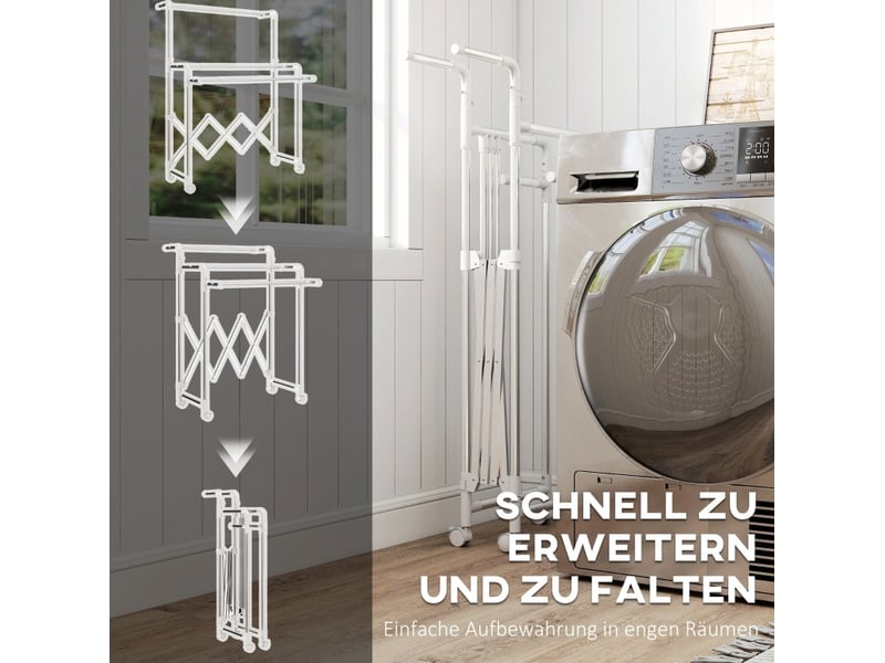 Étendoir à linge sur pied pliable 150 cm – argent – 3 barres réglables, roulettes et usage intérieurextérieur - Conforama E