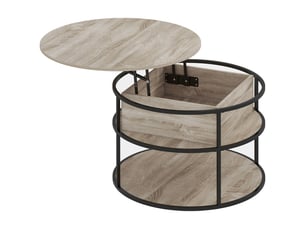 Table basse ronde relevable, plateau relevable couleur chêne, avec rangement et cadre en acier, ø80 cm