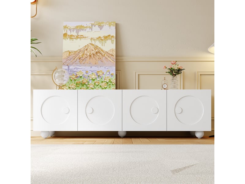  Meuble tv moderne blanc, portes en relief rond 3d, corps blanc mat, 180,5 x 38 x 50 cm  - Conforama B