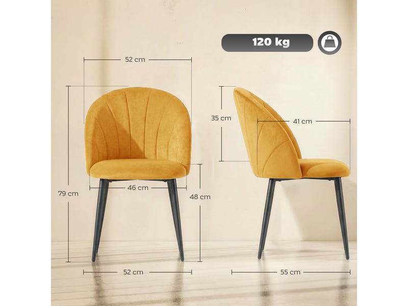 Lot de 2 chaises salle à manger dossier coquille velours jaune 52x55x79cm - Conforama E