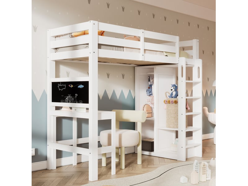  Lit mezzanine, 90x200 cm, avec bureau, armoire ouverte, solutions de rangement, matelas non inclus, bois, coloris blanc  - Conforama E