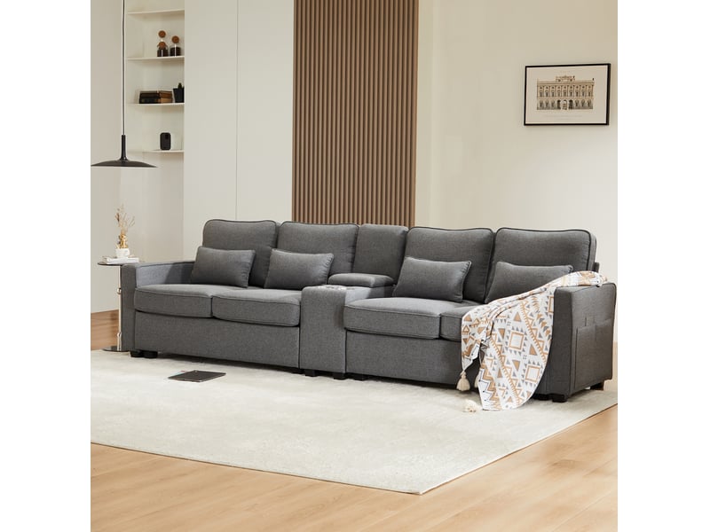  Canapé droit 4 places gris foncé en tissu avec console, usb, 2 porte-gobelets et rangements intégrés pour le salon  - Conforama E