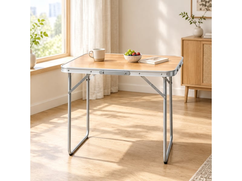  Table de camping pliante 70x50x60 cm chêne, aluminium fer et mdf, portable avec poignée de transport  - Conforama E