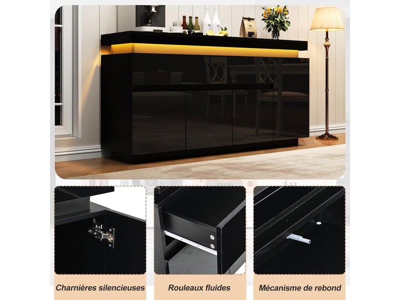  Buffet 4 portes et 2 tiroirs avec led brillant noir 140 x 35 x 72.5 cm N625P374488489S - Conforama D
