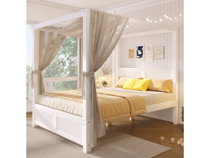  Lit à baldaquin 140x200 bois blanc scandinave avec toit  - Conforama D