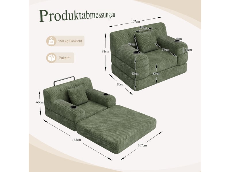  Canapé droit 1 place en velours côtelé vert avec haute dossier et structure métallique pour salon moderne  - Conforama C