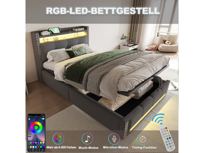 Lit enfant rembourré 90x200 led usb, tissu lin gris, rangement hydraulique - Conforama B