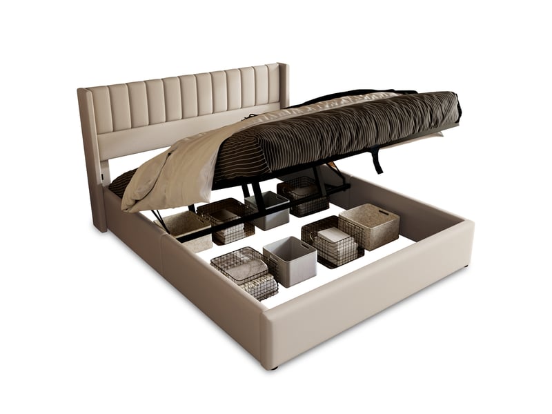 Lit coffre hydraulique 140x200 cm en lin, lit rembourré avec tête de lit capitonnée, sommier à lattes et rangement sous lit - beige (sans matelas) - Conforama A