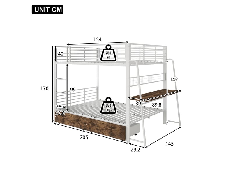  Lit superposé 140x200 cm, bureau, 2 tiroirs, led synchronisée à la musique, usb et type-c, métal et mdf, blanc + noyer Radiant Stride - Conforama C
