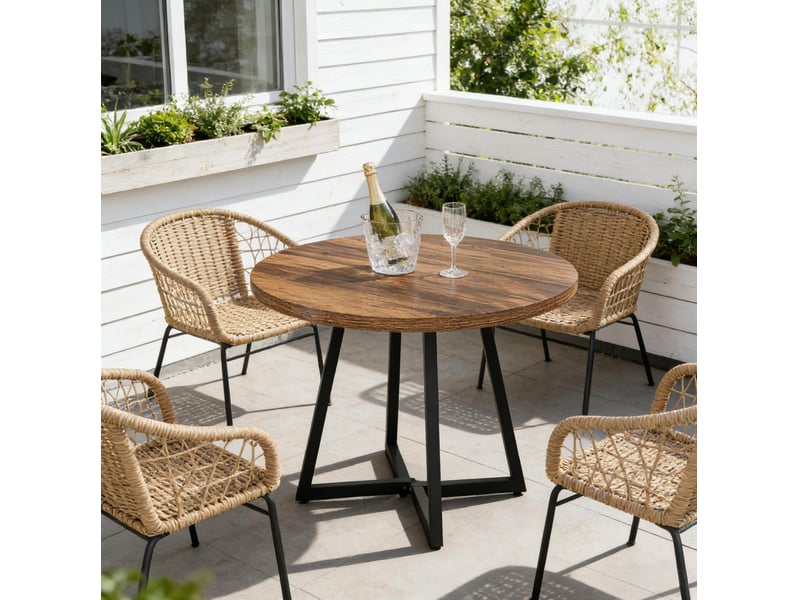  Table de salle à manger ronde pour 2 à 4 personnes avec piètement métal style industriel noir et marron rustique  - Conforama D
