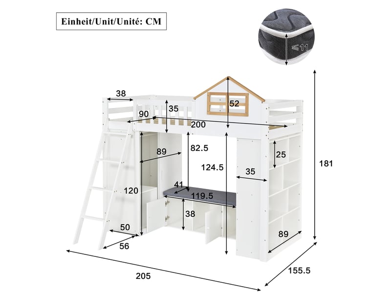  Lit mezzanine enfant 90x200 cm, blanc et bois clair, maison avec armoire, étagères et banquette, sans matelas  - Conforama C