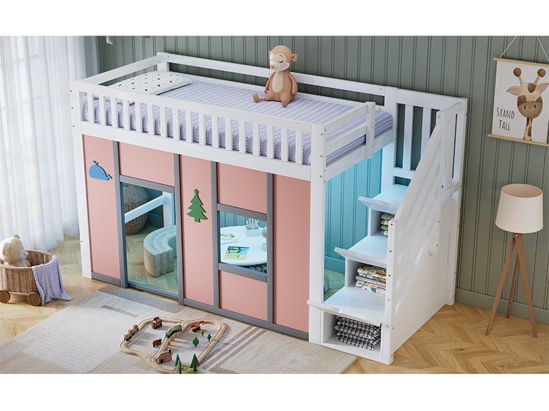  Lit superposé mi haut 90x200 cm blanc et rose bois massif mdf avec escalier de rangement éclairage led zone de jeu garde-corps et stickers décoratifs pour chambre enfant Sol Morn - Conforama B