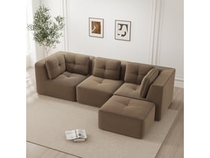 Canapé d'angle, canapé modulable; en velours tricoté, 3 places, marron, assise profonde, sans cadre, avec pouf, sans montage