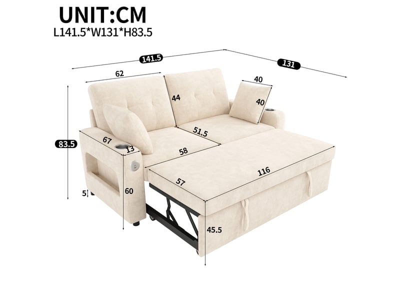 Canapé convertible 2 places 141,5x131x83,5 cm avec led, usb et usb-c, porte-gobelets, rangements accoudoirs, 2 coussins, chenille beige - Conforama E