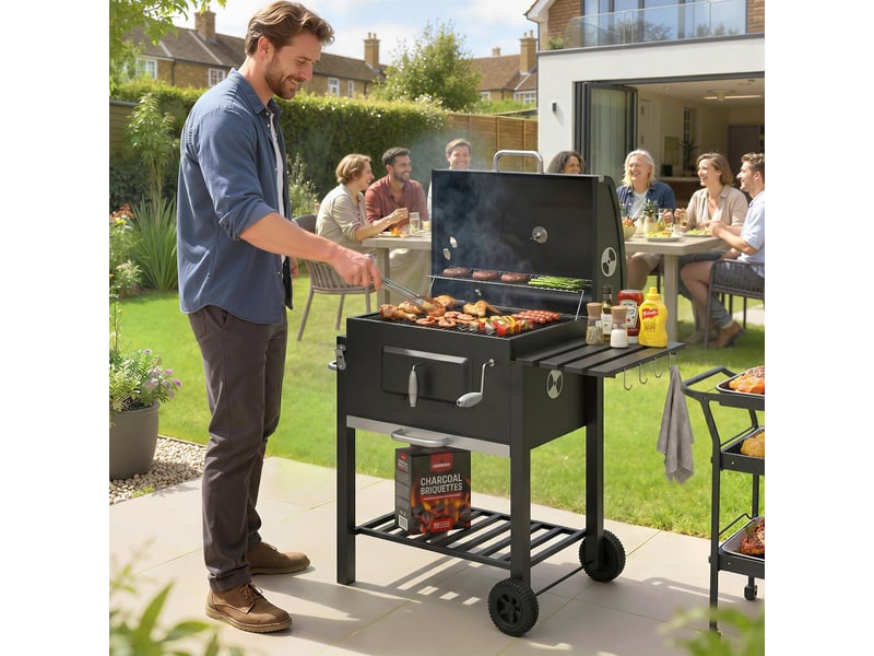  Barbecue à charbon avec fumoir et thermomètre, 2 grilles, 55 x 41,6 cm  - Conforama C