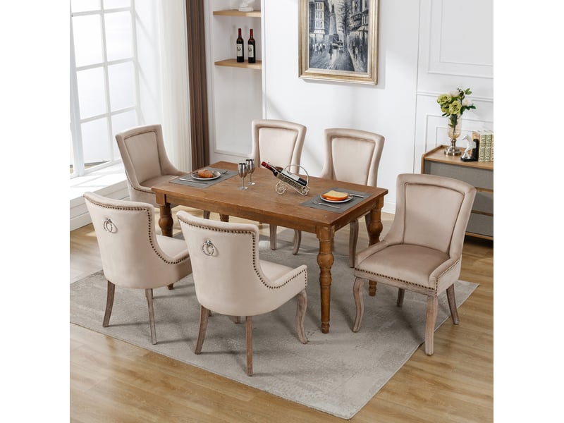 Lot de 6 chaises de salle à manger capitonnées à clous en velours beige 55x61x91 cm - Conforama R