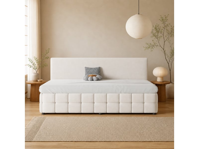  Lit coffre 90x200 cm en velours beige avec dossier  - Conforama B