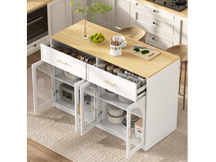 Îlot de cuisine led avec grand plan de travail, 2 tiroirs, étagères réglables et portes vitrées pour cuisine, 135 × 55 × 91 cm