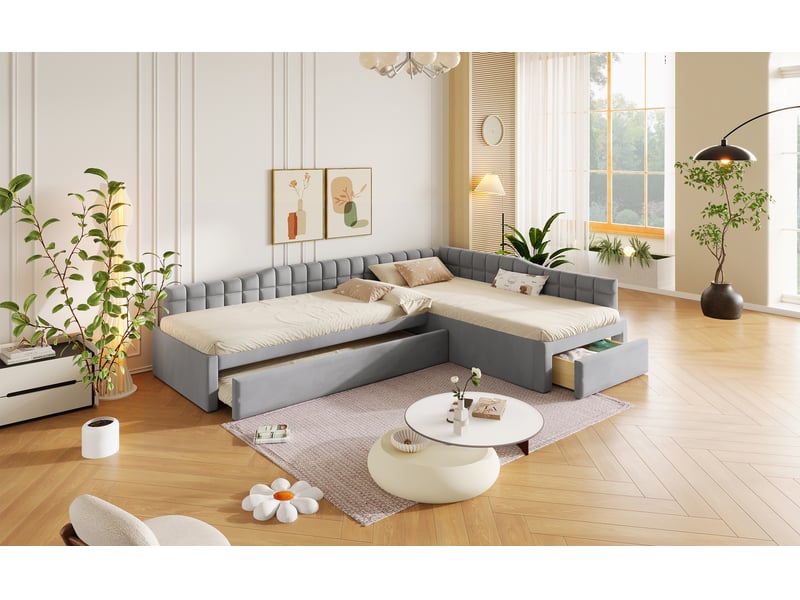  Lit gigogne, 90x200 cm, avec tiroirs, velours, gris, sans matelas  - Conforama B