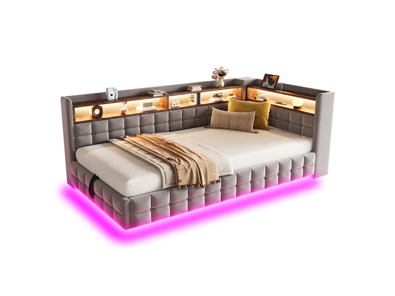  Litcanapé-lit multifonctionnel rembourré 90 × 200 cm, avec rangement hydraulique, étagère en bois, bande lumineuse led, prise électrique, ports de chargement usb et type-c, sommier à lattes, revêtement en velours gris clair  - Conforama A