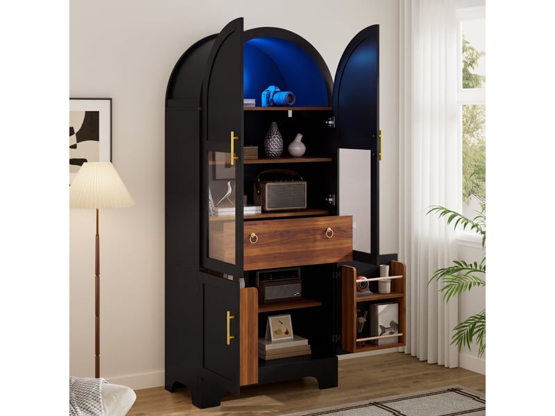  Vitrine haute 76x40x180 cm, éclairage led, portes vitrées, tiroir, design arqué, finition brillante pour salon et séjour - noir  - Conforama E