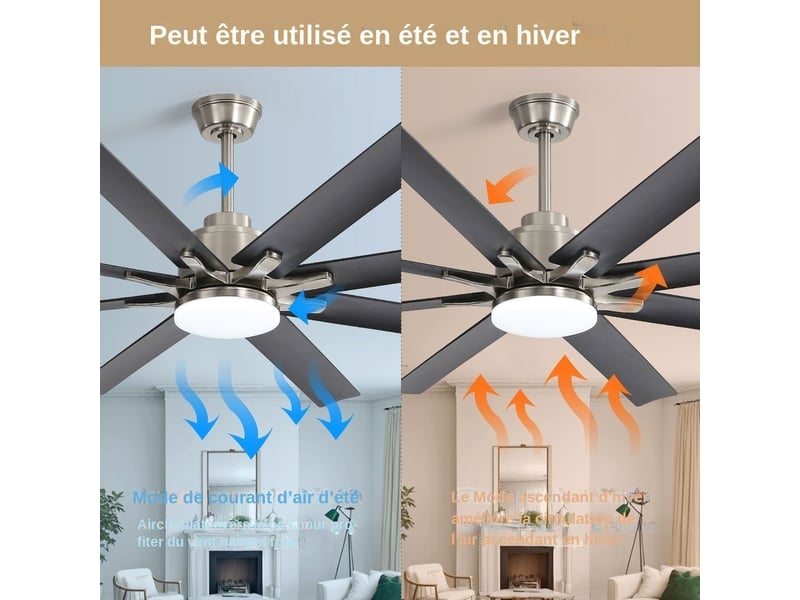  Ventilateur de plafond - avec télécommande et éclairage led et moteur réversible - abs - brushed nickel - 167.6 x 167.6 x 35.6 cm - installation au plafond - salon et chambre EU-KBS-66K002SMTY-SN-DC-BK-60 - Conforama E