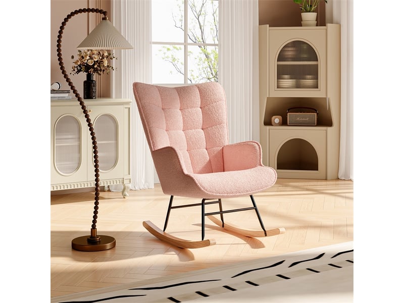  Fauteuil à bascule 68x78x98 cm - fauteuil en tissu bouclette peluche, dossier haut capitonné et pieds bois - rose  - Conforama C
