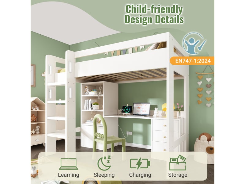  Lit mezzanine enfant 90x200 cm, tiroirs, porte, étagères,  usb type-c, sommier, mdf blanc, sans matelas  - Conforama D