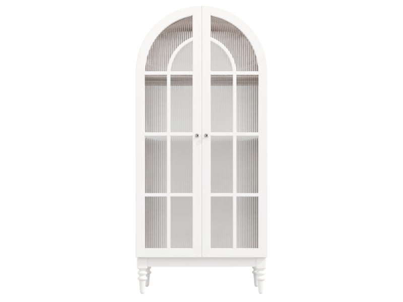  Vitrine courbée 165 cm, portes doubles en verre strié, 3 étagères réglables, coloris noyer et blanc  - Conforama A