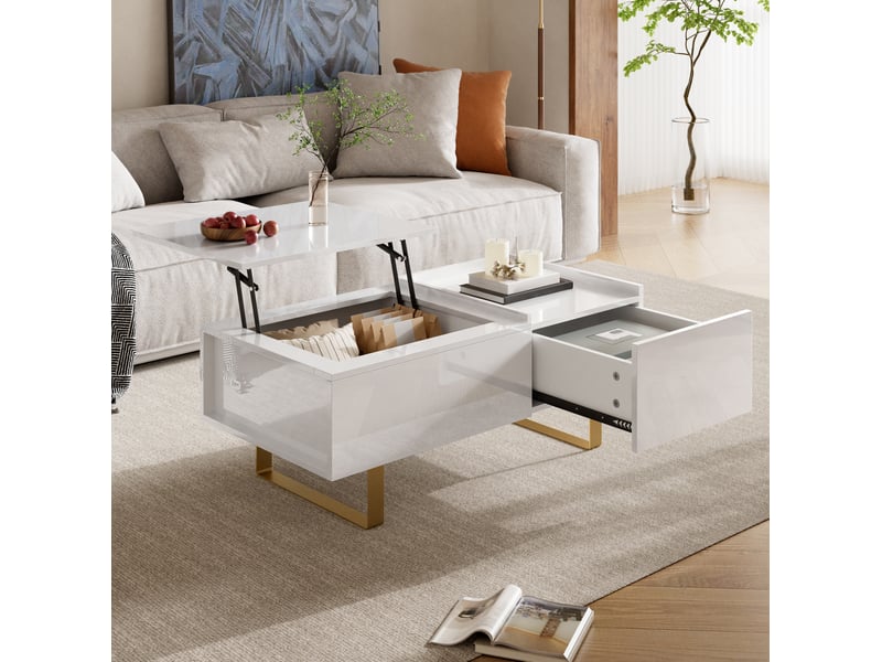  Table basse relevable avec tiroir et rangement caché, finition brillante blanche, pieds en fer doré 100 × 50 × 54,5 cm  - Conforama D
