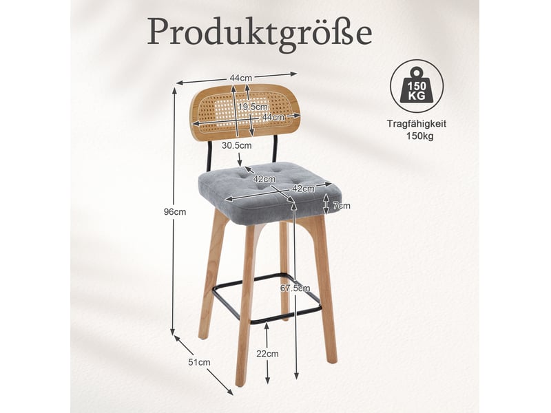  Tabouret de bar lot de 2 pivotant à 360° avec dossier en rotin, assise rembourrée et repose-pieds en chenille gris  - Conforama C