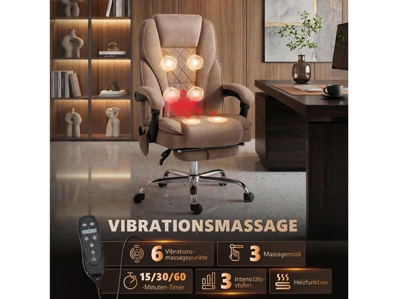  Fauteuil de bureau ergonomique marron avec massage, repose-pieds et inclinaison à 135°  - Conforama D
