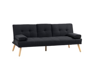 Canapé convertible 3 places gris avec table pliante et porte-gobelets, aspect lin
