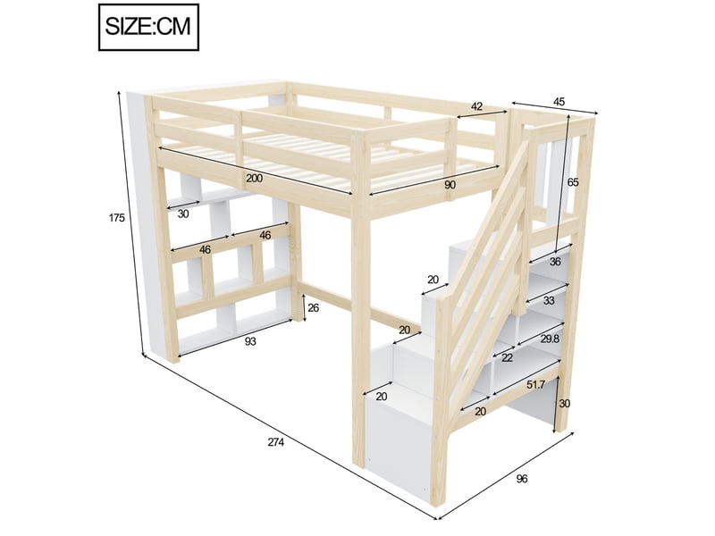Lit mezzanine 90x200cm avec étagères, escalier de rangement, barrières de sécurité, éclairage led et sommier à lattes, bois, naturel et blanc evarich - Conforama C