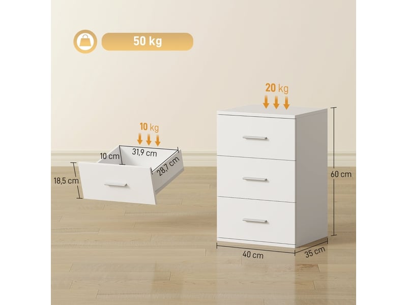  Table de chevet,40x35x60 cm,3 tiroirs,mdf,blanc  - Conforama C