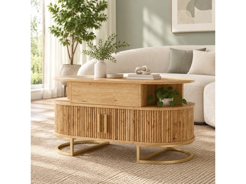  Table basse ovale 100 x 50 x 64 cm en mdf réglable en hauteur avec rangement naturel chicfurn  - Conforama B