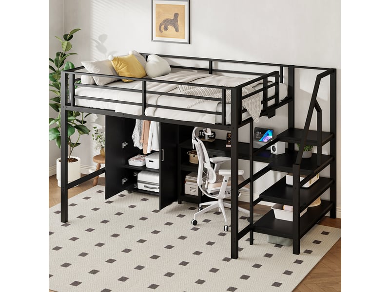  Lit mezzanine 140*200cm, noir, sans matelas, armoire, étagères, bureau, échelle rangement  - Conforama D