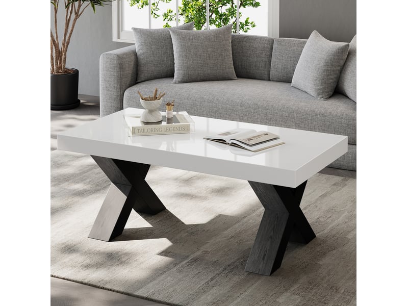  Table basse rectangulaire avec piétement en x, plateau blanc brillant, pour salon, en mdf noir et blanc, 100 × 50 × 40 cm  - Conforama B