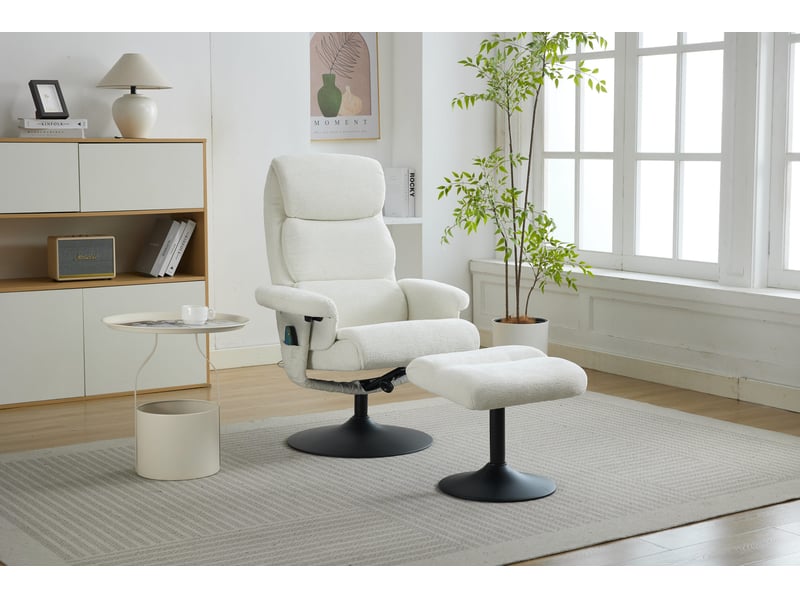  Fauteuil de relaxation ulevr massage 5 points chauffant, inclinable 140°, pivotant 360° avec repose-pieds, chenille blanc, 77 x 75,5 x 100 cm  - Conforama E