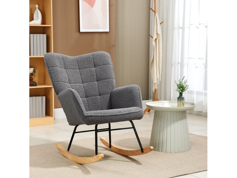  Fauteuil à bascule en polyester avec dossier haut et accoudoirs, structure en bois et métal, gris foncé  - Conforama B