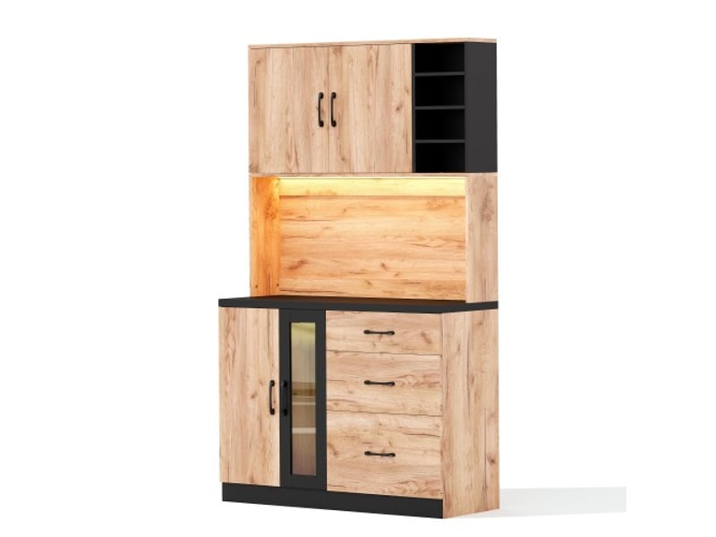  Buffet haut moderne 105x40x180 cm, finition noir et bois, led, étagères réglables et prise intégrée  - Conforama A