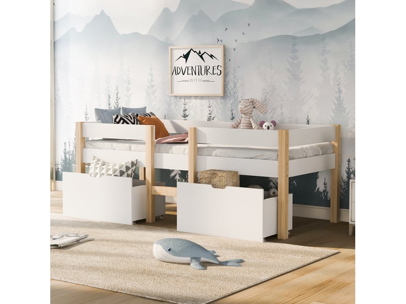  Lit enfant mi-hauteur 90x200 cm avec tiroir et protection anti-chute, bois de pin+mdf blanc &amp; chêne sans matelas  - Conforama B