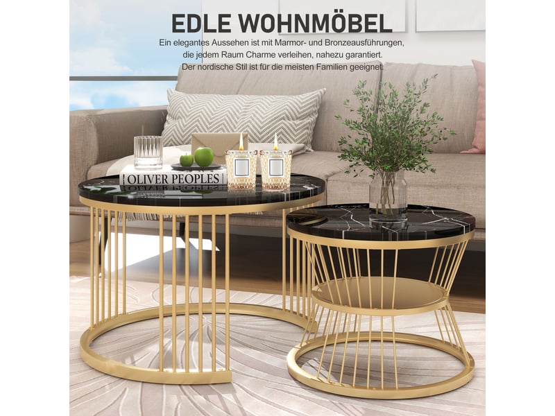  Lot de 2 tables basses gigognes ronde – 70 x 70 x 45.5 cm – double niveau &amp; pieds métal – marbre- noir et doré  - Conforama E