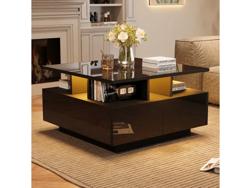  Table basse avec rangement et éclairage led, carrée 70 x 70 x 40 cm, 4 tiroirs, noir  - Conforama C